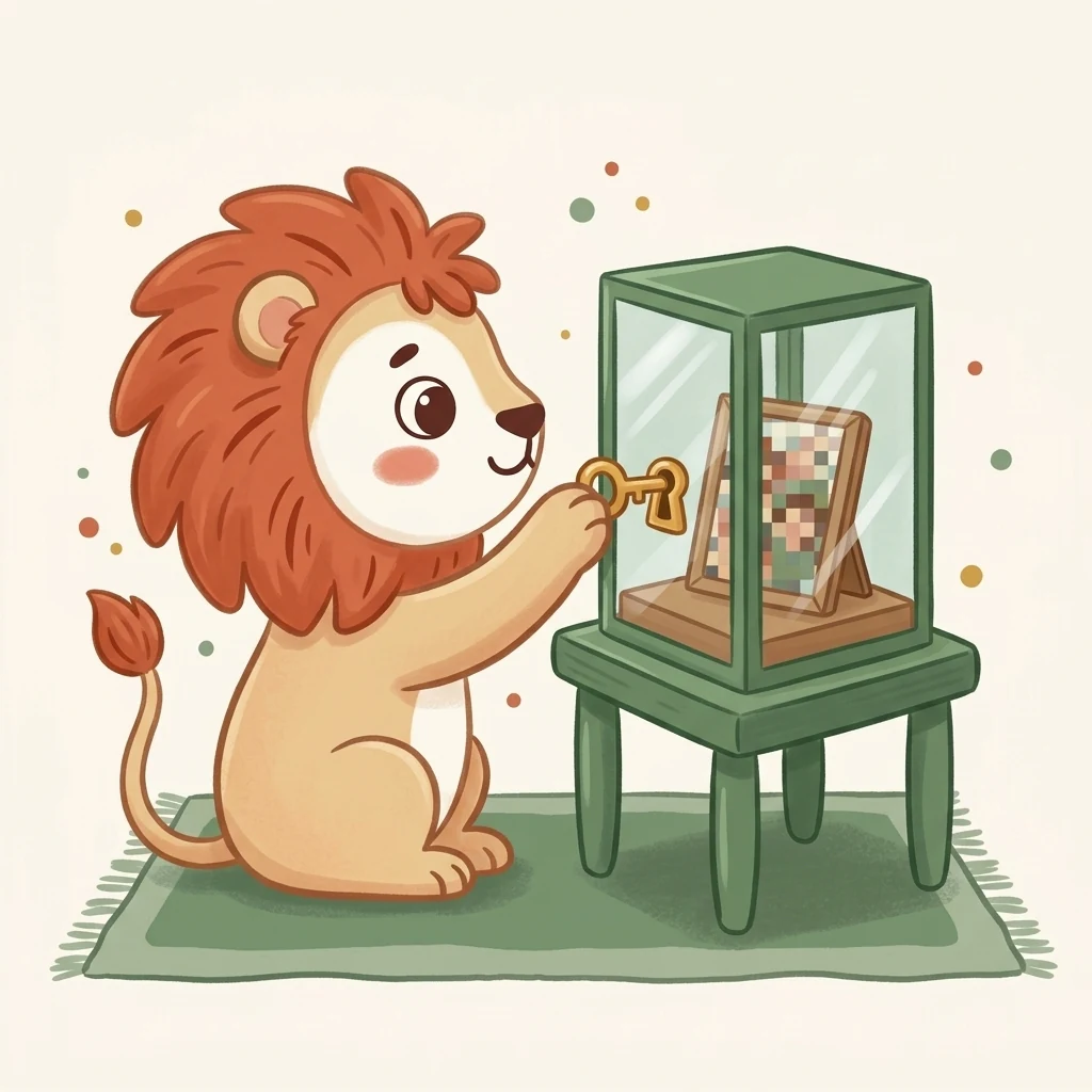 Gabyly's lion locks a photo in a glass case; inside, the photo is just a mosaic of pixels.