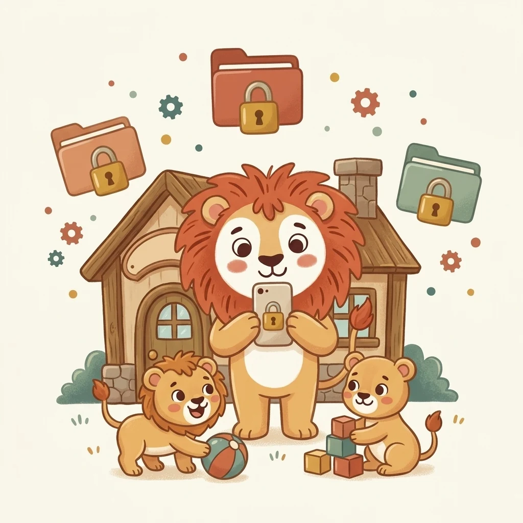 Gabyly's lion takes a photo in front of a small kindergarten; above him, the class folders closed with a padlock.