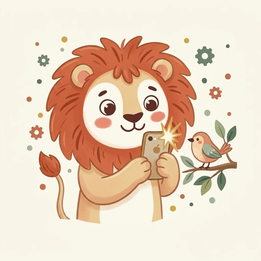 Gabyly's lion photographs a little bird on a branch; beside him, a still-empty gallery.