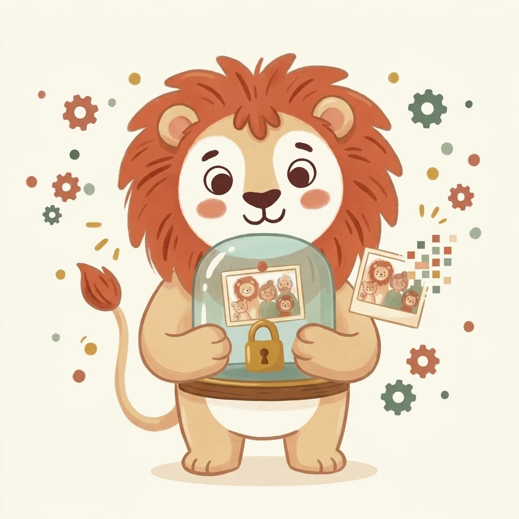 Gabyly's lion locks a photo in a glass case; outside the case the photo is just a mosaic of pixels.